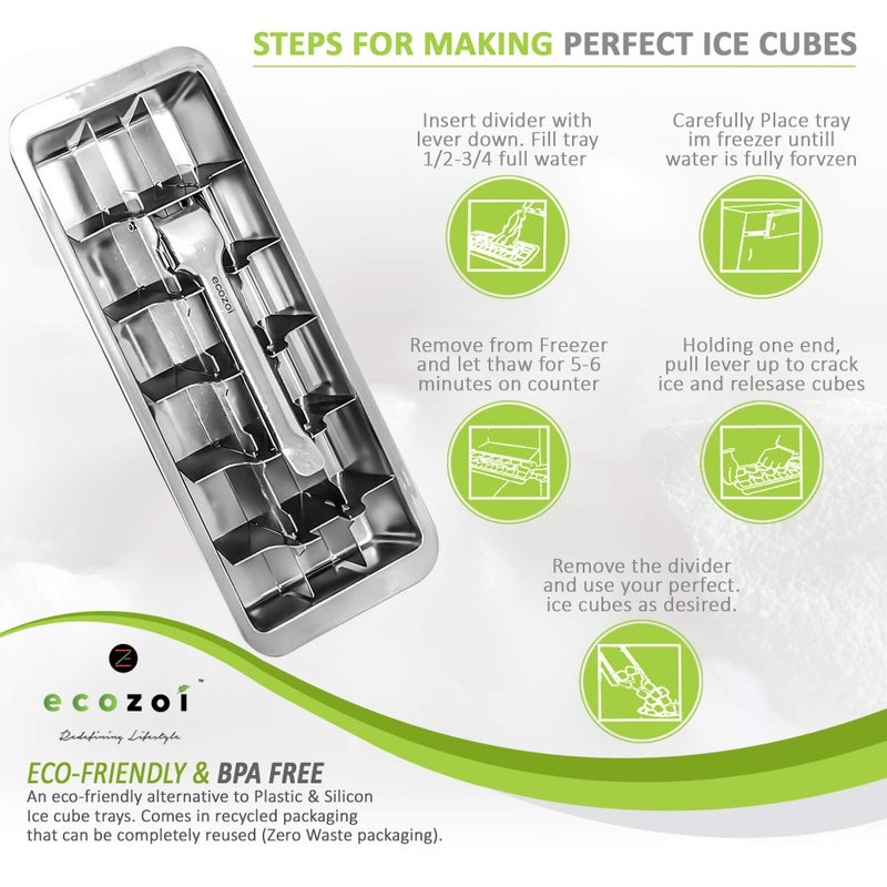 ecozoi Stainless Steel Metal Ice Cube Tray with Easy Release Handle | 18 Ice Cube Slots | Removable Slots for Easy Ice Cube Removal and Cleaning | Sustainable, Eco Friendly, Zero Waste, Plastic Free - Image 4